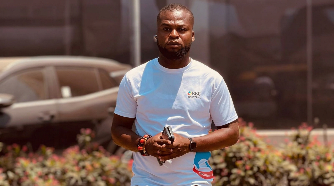Wugah Shaddrack Selali in a BBC Industrials shirt, marking one year at BBC Industrials (Ghana) Ltd